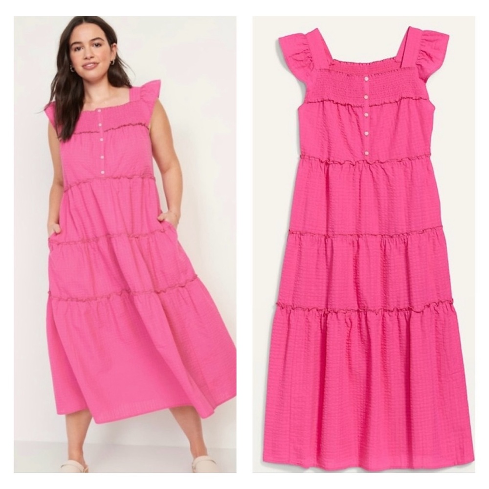 Old Navy Bright Pink Ruffle-Shoulder Tiered Maxi Dress